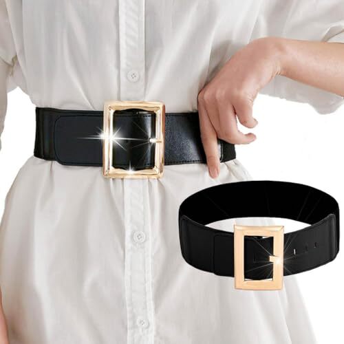 Wide Elastic Belt Women Gold Buckle Waist Belts for Dresses Retro Cinch Stretchy - Picture 1 of 7