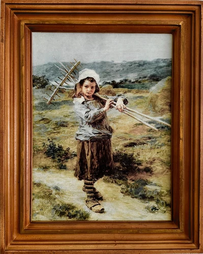 Reproduction RETURN TO THE VILLAGE by L.A. Hermitte including frame 40 x 50 wood print