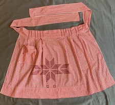 VTG Half Apron Red Gingham Check Pocket Cross Stitch Poinsettia Flowers
