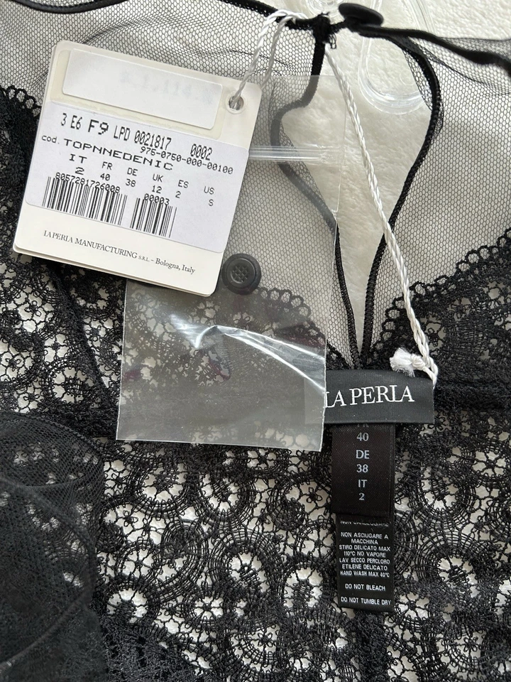 Top de encaje macramé con paneles de tul edénico La Perla I2/US S/M Foto 3 de 4