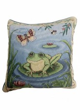 Tapestry Frog Decorative Throw Pillow Butterfly Whimsical 17"x17"