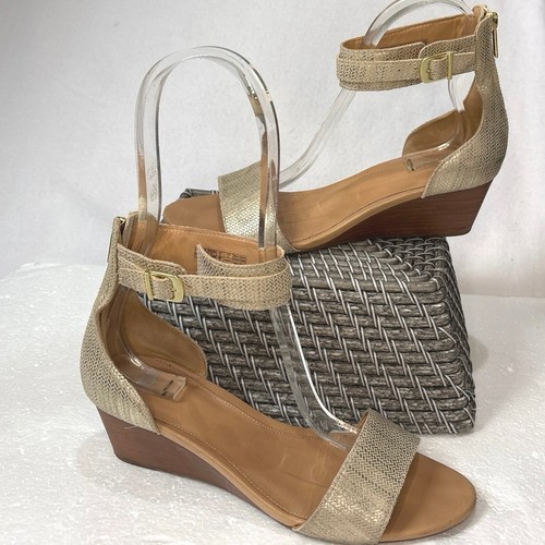 UGG Metallic Wedge Ankle Strap Gold Leather Stack Heel Sandals Size 12