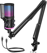 FIFINE USB Streaming Microphone Kit for Gaming, Condenser Mic with RGB, Noise Ca
