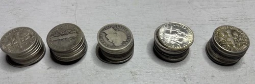 50 90% Silver Dimes Mixed Lot Barber Mercury Roosevelt Junk Silver Pre-1965