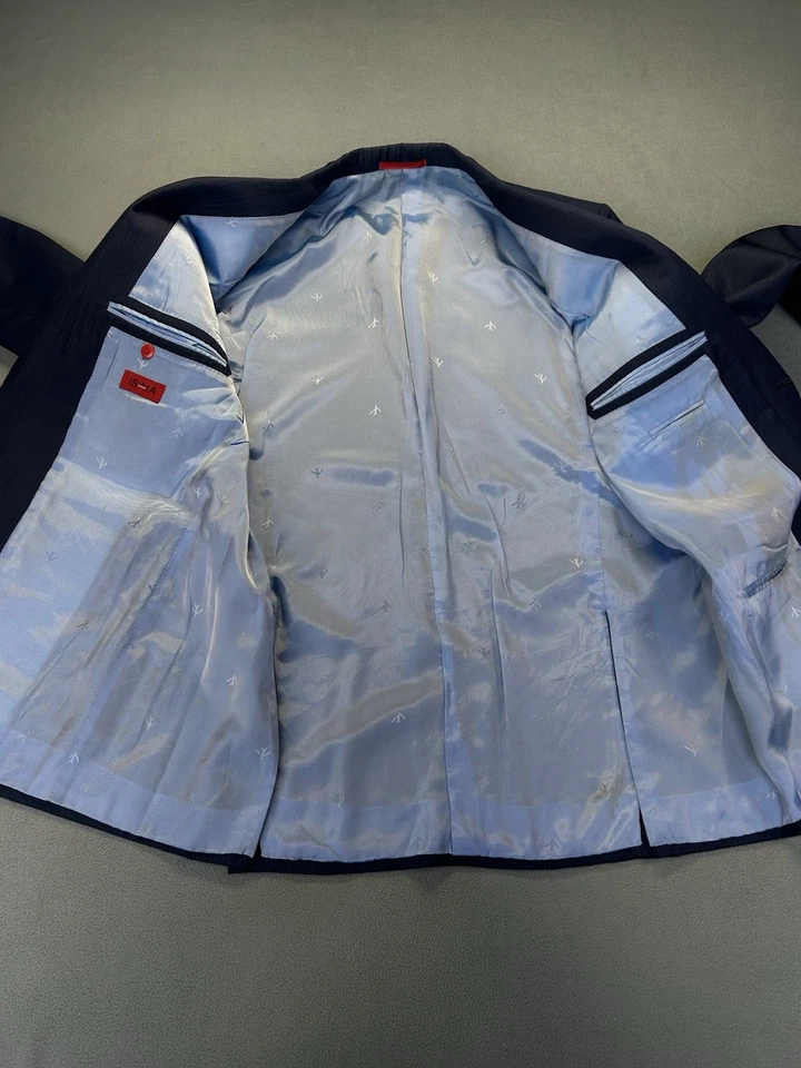 Blazer de lana Isaia Napoli para hombre abrigo deportivo italiano 52R azul marino a rayas años 120 Foto 3 de 4