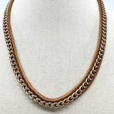 Vintage Gold Tone Curb Chain Necklace Brown Faux Suede Leather Wrapped Boho Y2K