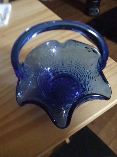 Fenton Art Glass Cobalt Blue Miniature Mini Basket 4" Tall
