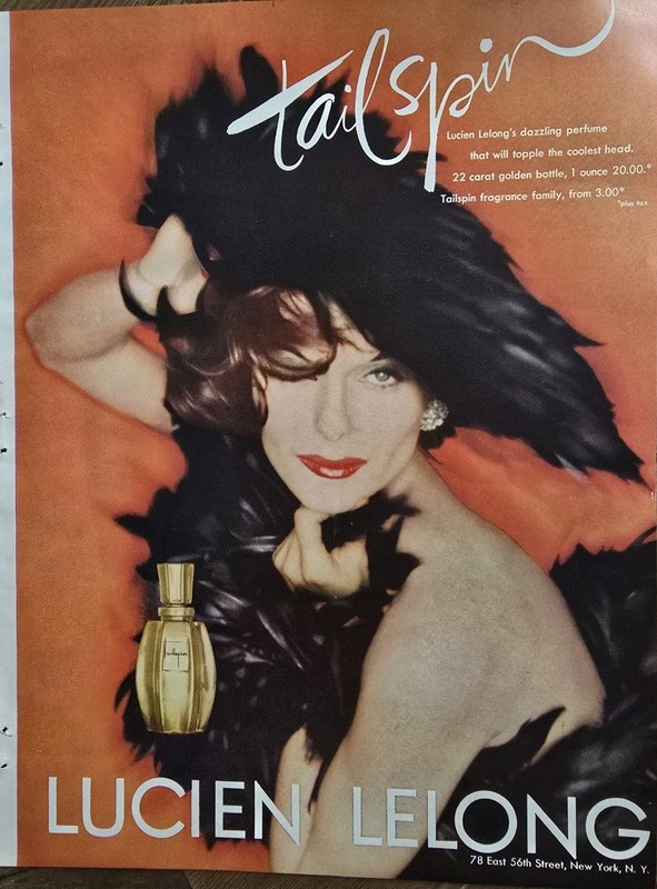 1955 Lucien Lelong Tailspin Perfume Brunette black feathers Vintage Ad