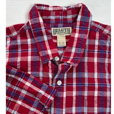 Duluth Trading Co Mens XL Tall Red Plaid Seersucker Short Sleeve Button Up Shirt