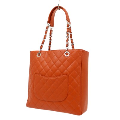 Chanel Orange Calfskin Petite Shopping Tote PST Tote Handbag