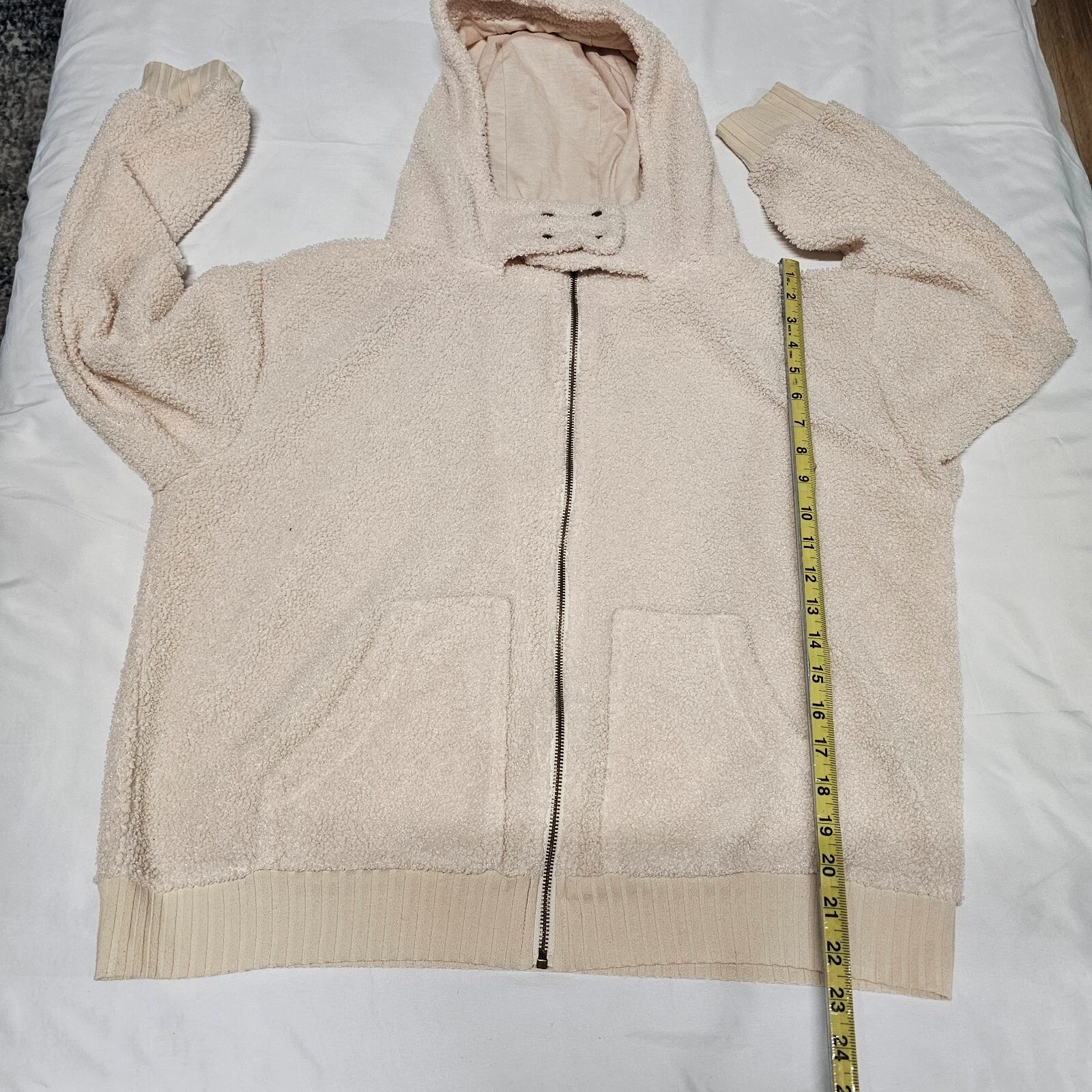 OFF WHITE Porridge Anthropologie taglia L avorio manica lunga sherpa felpa con cappuccio zip giacca