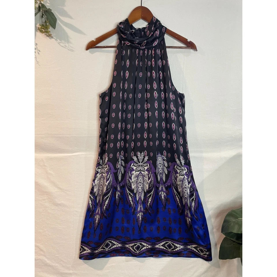 Vestido de seda vintage sin mangas negro y púrpura estampado cachemira cuello halter talla M Foto 4 de 4