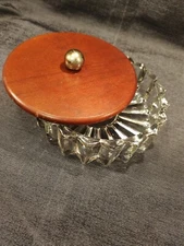 MCM Candy Dish Large Lead Crystal Heavy Wood Lid Brass Knob Stunning Centerpiece