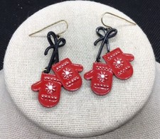 Vintage Christmas Holiday Costume Metal Enameled Bow Mittens Drop Earrings B825