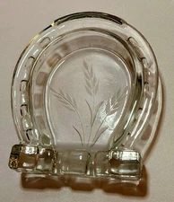 VTG Clear Glass Horseshoe Ashtray Etched Engraved Wheat Pattern Center 4.5 In