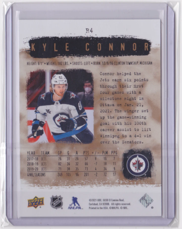 2020-21 UD SP AUTHENTIC 2000-01' RETRO GOLD 28/100 KYLE CONNOR #R4 WINNIPEG JETS - Image 2 of 2