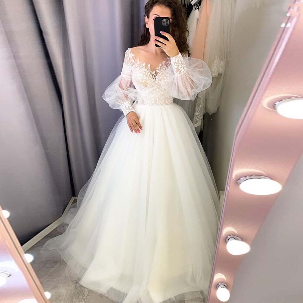V-Neck Beach Wedding Dresses Long Puff Sleeve Sheer Illusion Back Lace  Appliques | eBay