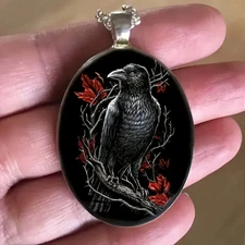 Raven Crow Oval Jewelry Vintage Silvery Bird Movie Gothic Pendant Necklace K