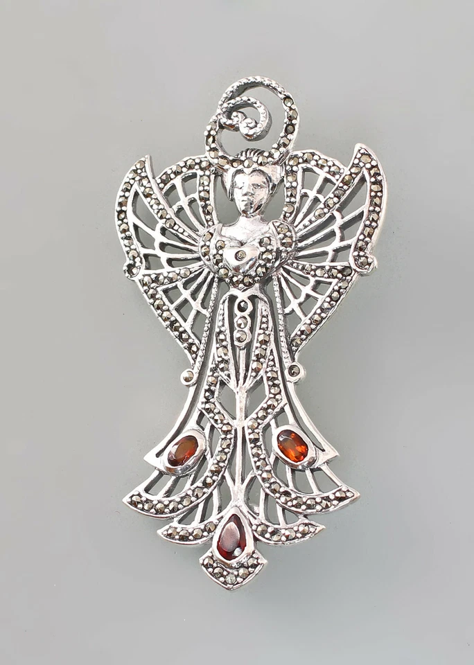 9927641 925 Argent Broche Art Nouveau Grenat Marcasites - Photo 1/1