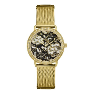 GUESS WILLOW BLACK floral dial GOLD tone mesh bracelet WOMEN'S WATCH W0822L2