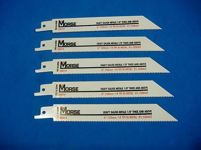 FIVE 6'' 14TPI MORSE HIGH QUALITY USA BI-METAL COBALT RECIPROCATING SAW BLADES   