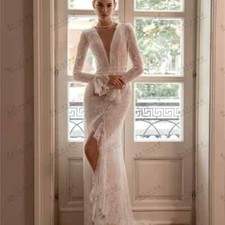Sexy Wedding Dresses Bridal Gowns Lace Appliques V Neck Full Sleeves Mermaid