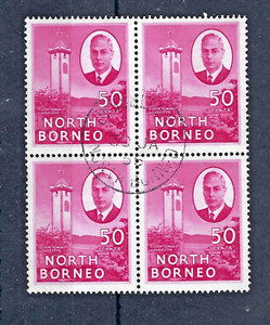 North Borneo 1950 #254 block of four USED 50c Clock Tower and King George VI