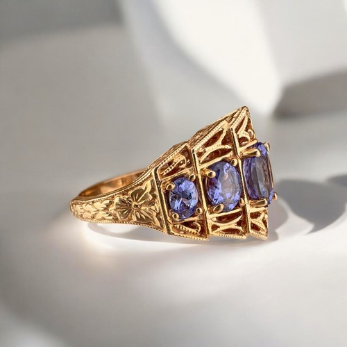 Ornate Vintage Art Deco Style 14 Karat Rose Gold Oval Tanzanite Ring 1.65 ctw. - Picture 4 of 9