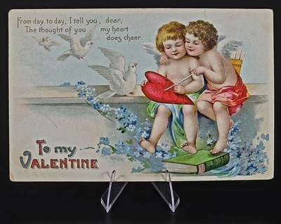 1910 Valentine Postcard Cherub Cupids Heart Doves Embossed Germany Posted