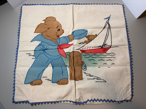 Vintage Vogart ? Tinted Pillow Cover / Embroidered Sailor Dogs & Sailboat / CUTE