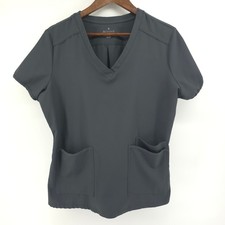 Beyond Scrubs Pewter Gray V-Neck Short Sleeve Workwear Stretch Scrub Top Women L