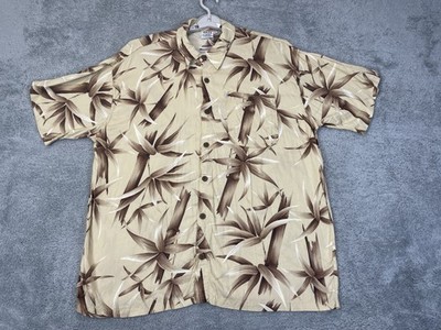 T.O. Hawaiian Designs Shirt Mens 2XL Beige Brown Palm Bamboo Print Rayon Beach