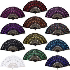 durony 12 Pieces Sequin Fabric Folding Fans Peacock Hand Fans Flower Lace Fan...