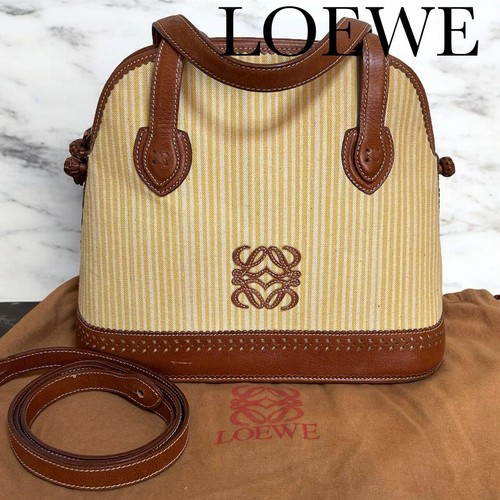 Loewe Vintage 2Way Canvas Leather Bag Yellow Stripe H26cm W31cm Dust Bag Rare