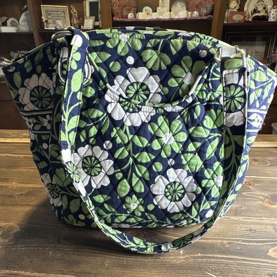 Vera Bradley Quilted Floral Zip-Top Tote Bag Navy/Green/White Double Handles
