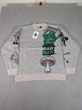 Real Bad Man Sweater Mens Large Multicolor Too Many Graphics Knit Pullover RBM