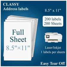 (200 Sheets, 200 Labels) Sticker Paper, Full Sheet Shipping Labels 8.5 x 11, ...