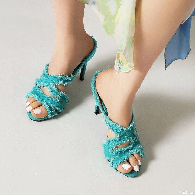 Zapatillas para mujer de tela de mezclilla de tacón alto punta abierta rasgadas informales moda mulas talla Foto 4 de 4