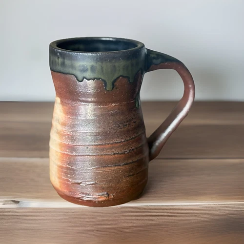 Studio Art Pottery Coffee Mug Cup Red Brown Green Glazed Drip Signed 5” Tall