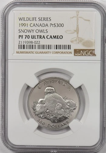 Canada 1991 300 Dollars platinum Snowy owl animal NGC Proof 70UC 1oz platinum. 3