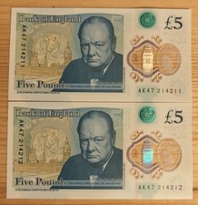 Two Polymer £5 Notes AK47 Serial Number  Sequential