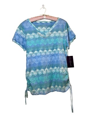 GLORIA VANDERBILT*Blue Green Lgtwt Top*Small Silver stud*String Trim Blue Heron