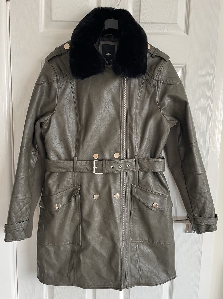 RIVER ISLAND GREY/KHAKI FAUX LEATHER JACKET COAT, BLACK FUR COLLAR Size 18