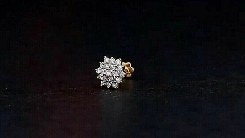 Flower Cluster Natural Diamond Nose Piercing Stud Screw Back Pin 14k Yellow Gold - Image 3 of 4