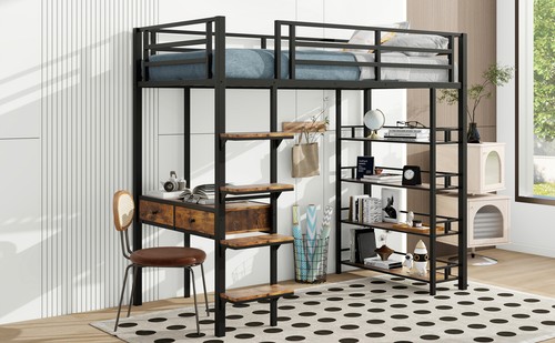 Twin Size Metal Loft bed with Desk and Shelves, Black - Picture 5 of 12