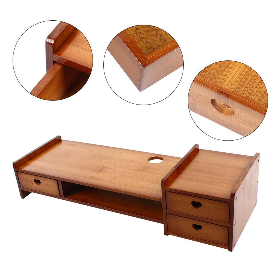Sturdy Bamboo Wood Monitor Stand Riser w/ Drawer - Desk Storage Organizer Tool - Image 2 of 4