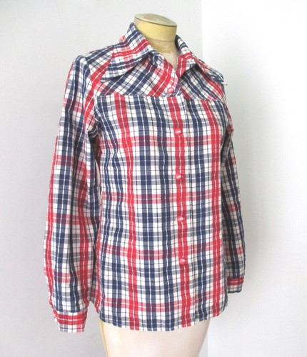 Blusa Top de Colección Años 70 JCPenny RWB Rojo Blanco Azul a Cuadros Seersucker Botones M/L - Imagen 3 de 6