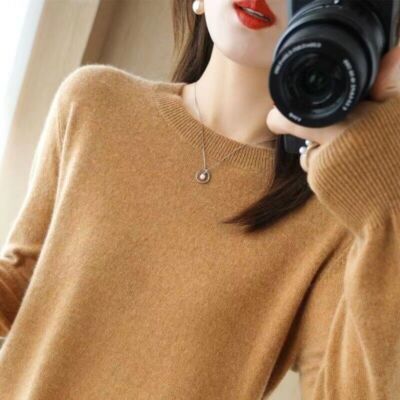 Women Wool Cashmere Blend Sweater Knitted Pullover Crew Neck Sweater Solid Slim
