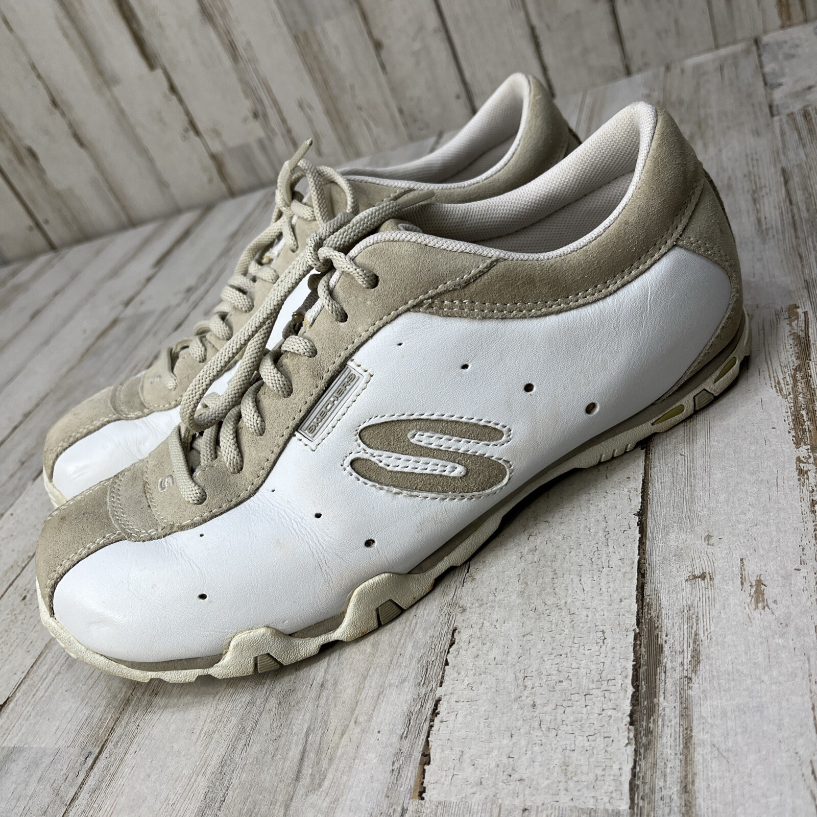Skechers Women's Size White Leather Tan Suede Sneakers Lace up - Main Image