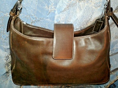 Coach Hobo Bag Brown Leather Snap Button Top Zipper Closure